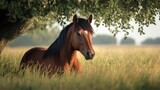 Captivating portrait of a majestic brown horse resting beneath a verdant tree in a sunlit field. The warm light illuminates the tall grass, creating a serene and picturesque rural scene