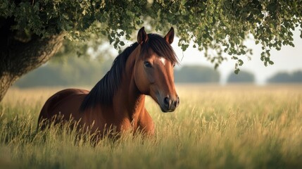 Poster - Captivating portrait of a majestic brown horse resting beneath a verdant tree in a sunlit field. The warm light illuminates the tall grass, creating a serene and picturesque rural scene