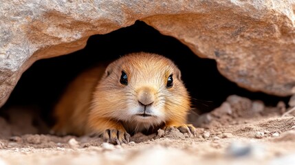 Poster - Close up of a cute prairie dog with brown fur, emerging from its burrow. The ground is sandy and the rock is light brown. The background is blurred, creating a shallow depth of field, focusing on the