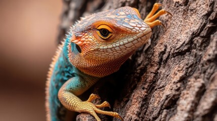 Aufkleber - Close-up shot of a spiny lizard with vibrant blue, orange, and yellow scales, clinging to a textured tree trunk. The lizard's head is turned to the side, its eye is visible. The background is a soft