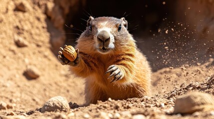 Poster - A close-up shot captures a marmot emerging from its burrow in soft sunlight, holding a round object in its paws. The ground is earthen, with scattered rocks adding to the natural setting