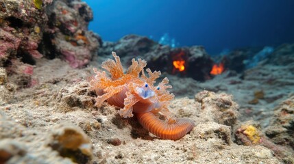 Aufkleber - This underwater shot features a vibrant orange nudibranch with feathery gills on a sandy seabed, set against a deep blue ocean backdrop and rocky formations. The scene captures the intricate beauty