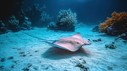 Poster - Underwater view capturing a ray gliding over a sandy seabed, surrounded by coral reefs in varying colors. The water is clear, highlighting the natural marine environment. Shot showcases the ray in