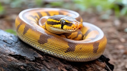 Poster - Close-up of a coiled golden-brown snake with black stripes and a yellow head rests on a dark, wet log, set against a blurred green and brown backdrop. The snake's scales are detailed, and it is the