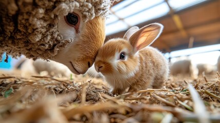 Poster - Close up view of a fluffy white sheep with tan wool, nuzzling a small tan rabbit in a barn over hay, with a row of sheep in the background