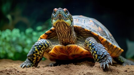Poster - Close up shot of a vibrant ornate turtle with an orange and brown patterned shell. It stands on a sandy surface against a muted green and dark blue backdrop, highlighting its colorful skin and