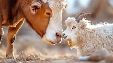 Poster - A heartwarming scene of a brown and white cow gently touching noses with a small white goat, captured in soft, natural light on a sunlit field with bare trees in the background, evokes a sense of