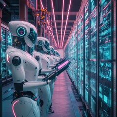 Poster - Futuristic robots maintain a server farm filled with data.