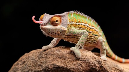 Poster - Close-up of a chameleon perched on a rock with its tongue extended. The chameleon has a mix of greens, yellows, and browns on its body, complemented by bright orange eyes, set against a black