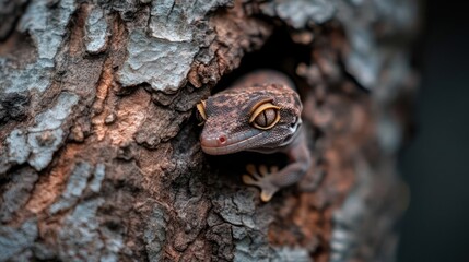 Poster - A speckled brown and grey gecko peers out from a hole in a tree trunk. The reptile's head and forelimbs are visible, its eye catching the light, set against the rough bark, providing a glimpse into