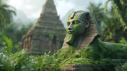 Poster - A weathered Sphinx statue covered in green moss stands prominently in a tropical landscape, with a pyramid in the background, lush jungle greenery surrounds the ancient structures, rendered in soft