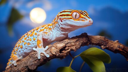 Poster - A close-up shot captures a vibrant gecko perched on a branch, illuminated by a soft, distant light. The gecko's skin displays a beautiful mix of blue and orange spots, complemented by its striking