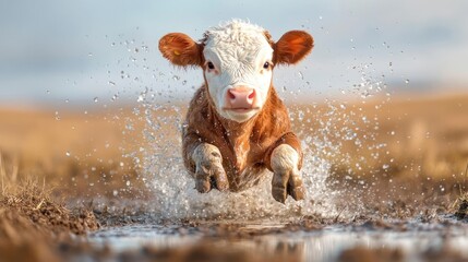 Poster - A dynamic, close-up shot captures a lively young calf with red-brown and white fur running through a puddle, creating a splash of water droplets against a soft, blurred background of golden fields
