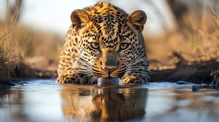 Aufkleber - Golden light bathes a leopard as it drinks from a small pool of water, its reflection visible in the clear surface. The background is blurred, with dry grass adding a natural, warm tone to the scene