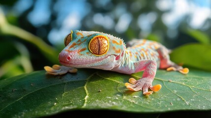 Poster - A gecko is perched on a leaf, exhibiting vibrant colors of orange, blue, and pink. The gecko features large orange eyes with intricate patterns, complemented by a leaf with detailed texture and