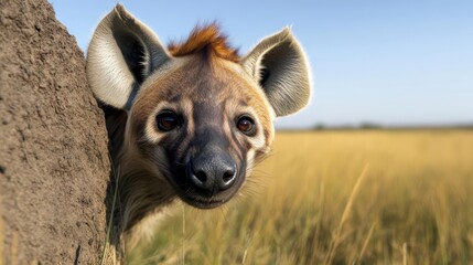 Aufkleber - A close-up shot features a hyena peeking from behind a dirt mound, with a field of tall, dry grass stretching into the horizon under a clear blue sky. The hyena's face is in sharp focus, showcasing