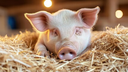 Aufkleber - Close up of a piglet lying in straw with its head resting on the ground. The pink piglet is in sharp focus, and the background is blurred with warm, golden light. The piglet appears relaxed in the