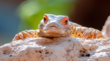 Poster - A close up shot of lizard with unique orange eye on a white stone. The lizard exhibits an orange and white patterned body, resting on the rock, with a green and white bokeh background