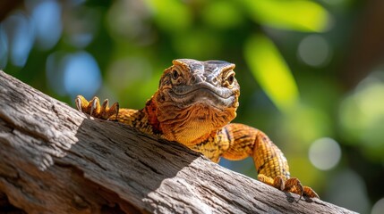 Poster - Close up shot of an orange lizard perched on a branch in its natural habitat. The lizard is the primary focus, with green leaves blurred in the background, creating a shallow depth of field and