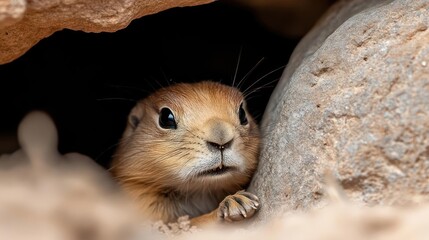Poster - Close up shot of a light brown gopher peeking out of its den in a rocky area, sand visible nearby. The gopher has small paws and dark eyes, looking alert. The background is a dark den, rocks provides