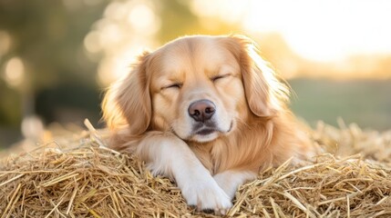 Poster - Close-up of a golden retriever dog resting with its eyes closed, lying on a pile of golden hay. Warm, soft lighting creates a peaceful and serene atmosphere. The background is blurred with bokeh