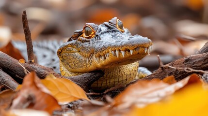 Poster - Close-up shot of a baby caiman nestled among fallen leaves and dry branches, featuring its textured skin, sharp teeth, and reflective orange eyes, set against a blurred background of autumn foliage