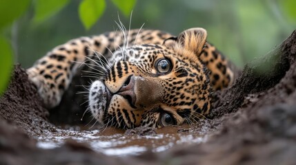 Aufkleber - A close up, eye-level shot of a leopard in murky water with green foliage behind. Leopard's head and shoulders are visible. Leopard is mostly tan with dark spots. Splashes of water surround the