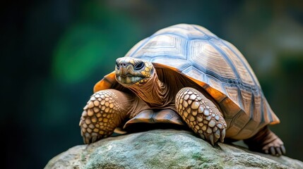 Aufkleber - A close-up of a radiated tortoise on a rock. The tortoise has a patterned shell and textured skin, set against a blurred green background. The shot focuses on its face and shell, showcasing its