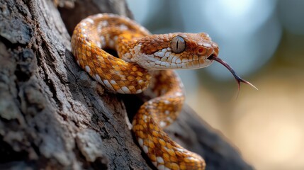 Poster - Detailed close up captures a reddish-brown snake, its tongue extended, resting on textured tree bark, set against a blurred, soft-focus background of natural greens