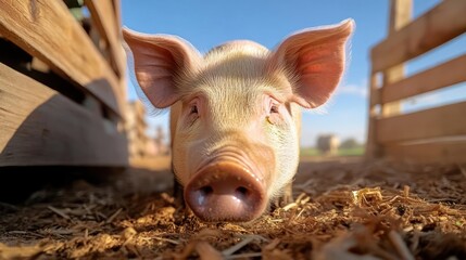 Poster - A close-up, eye-level view of a pink piglet in a farm setting. The piglet is surrounded by straw, with blurred stacks of hay in the background. The natural lighting highlights the pig's snout and