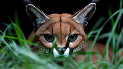 Aufkleber - A striking portrait captures a caracal, its eyes piercing from behind lush green grass against a dark backdrop. The cat's reddish-brown fur and distinctive ear tufts are highlighted in sharp focus