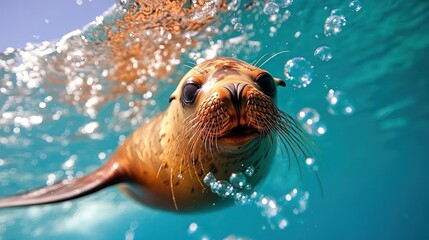 Aufkleber - Close-up of a brown sea lion swimming underwater with clear blue water and bubbles around it, creating a dynamic aquatic scene