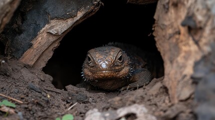Aufkleber - A detailed close up shot captures a brown lizard emerging from a dark, earthen den, its textured scales in sharp focus against the contrasting shadows and earthy backdrop, creating a captivating