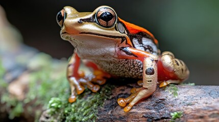 Poster - Close up eye-level shot of a tree frog with orange, black, white, and golden brown markings, perched on a mossy branch. The amphibian's textured skin and intricate pattern are captured against a