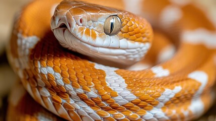Poster - Macro shot of a coiled orange and white snake with intricate patterns. The snake's head is prominent, with focus on its eye and detailed scales against a soft, blurred background