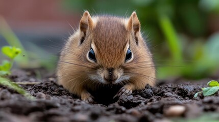 Poster - Close up shot of a furry brown chipmunk peering out from a hole in the dark soil, surrounded by green plants. The lighting highlights the details of its face and fur, creating a natural outdoor