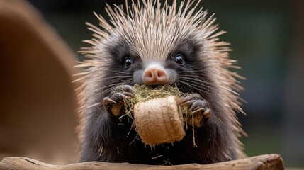 Poster - Close up of a small, dark porcupine with white tipped quills eating from a tan, cylindrical container. The animal is positioned centrally with a blurred background of dark foliage, capturing the
