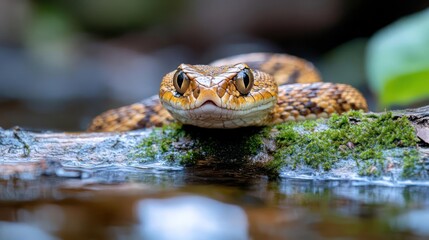 Leinwandbilder - A close up of a Fer De Lance snake resting on a mossy branch near water, showcasing its tan and brown patterned skin and intense gaze. The low angle and shallow depth of field highlight the snake's