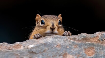 Poster - Close-up of a brown squirrel peeking over a gray stone ledge against a dark background. The squirrel has speckled fur, small paws, and bright eyes. The stone is textured with darker spots
