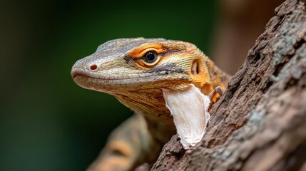 Poster - Close up shot of a gold and orange lizard peeking out from behind a brown branch. The lizard has intricate scale patterns and vibrant eyes, set against a blurred green background