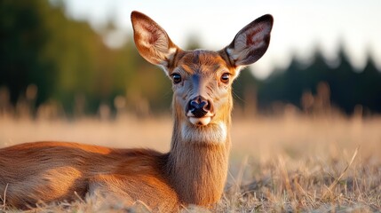 Aufkleber - Close up of a deer lying in a field with blurred green trees in the background in warm light. The deer has brown fur and large ears, looking directly at the camera with a calm expression