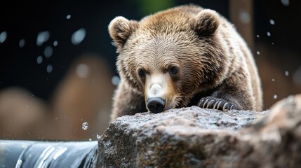 Poster - Close up of a brown bear with a dark nose resting its paws on a rock near water with a blurred forest background. The bear's fur is thick and shaggy. Splashes of water add a dynamic touch to the