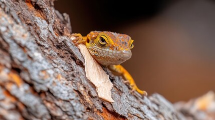 Poster - Macro shot of an orange and yellow gecko climbing on textured tree bark, its skin patterned with tiny dots, with a dark, blurred background and a neutral leaf nearby. The gecko's focus and the rough