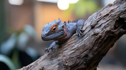 Poster - A close-up of a rough-scaled forest dragon lizard resting on a weathered branch. The dragon's dark gray scales contrast with the orange hues around its eyes. The branch is textured and the backdrop