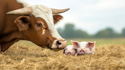 Poster - A large brown and white bull standing over two cute piglets nestled in golden straw, creating a heart-warming scene on a farm. The bull's head is in focus while the piglets are partially buried in