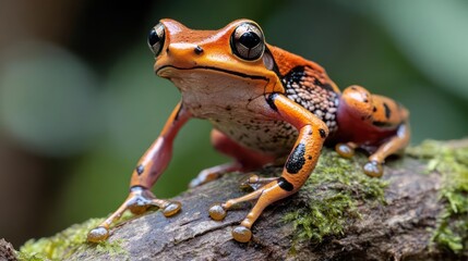 Poster - Detailed close-up of an orange frog with black stripes sitting on a mossy branch, set against a blurred green background. Focus is on the frog's texture, color, and natural habitat