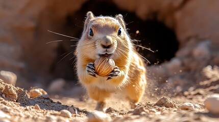 Poster - Close up of a tan prairie dog holding a nut in its paws standing near a hole in the dirt ground. The prairie dog is the central focus, bathed in warm light, with a shallow depth of field blurring the