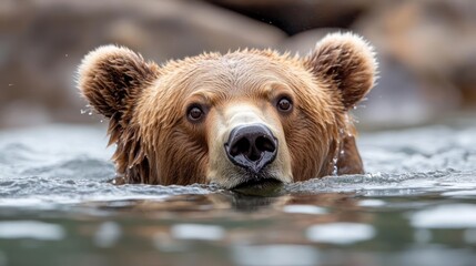 Aufkleber - A close-up of a brown bear swimming in the water, showcasing its head and upper body. The water reflects the bear's fur, creating a detailed and immersive wildlife image with a blurry background