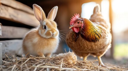 Poster - This image features a tan rabbit and a brown chicken side-by-side in a farm setting. The rabbit is smaller and fluffier, while the chicken is larger and more angular. Both animals are surrounded by