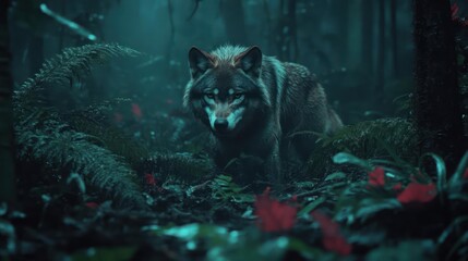 Aufkleber - A wolf with brown and gray fur stands in a dark forest with a mossy ground and dim lighting, illuminated by soft highlights on its face and body, set against a backdrop of foliage and atmospheric